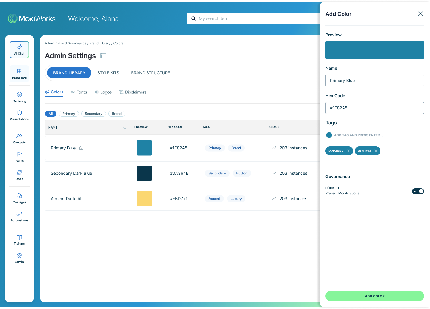 Brand Library Colors table with named, tagged, and lockable color assets, and an Add Color panel showing preview, hex code, tags, and a lock toggle