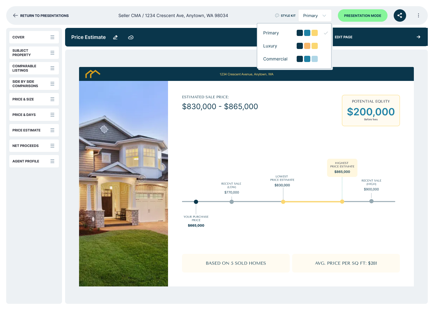 Agent-facing CMA in the Presentation Builder with the Style Kit switcher open, offering Primary, Luxury, and Commercial kits