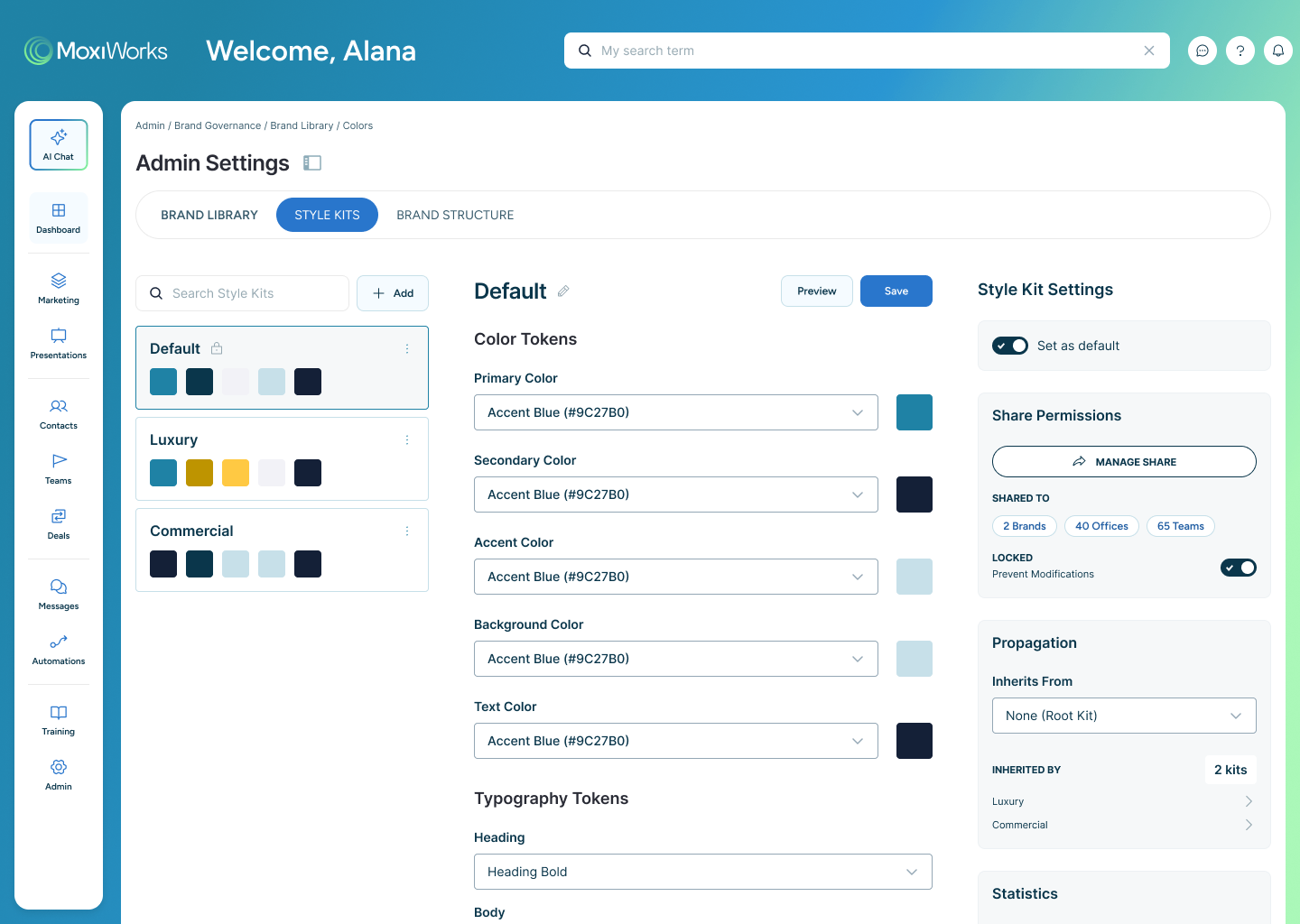 Style Kit editor bundling color and typography tokens, with a list of kits (Default, Luxury, Commercial), share permissions, and inheritance settings