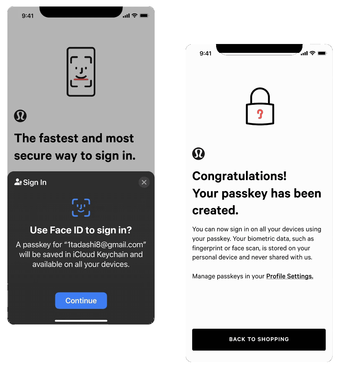 Face ID passkey setup showing the “Use Face ID to sign in?” system prompt, followed by a “passkey created” confirmation