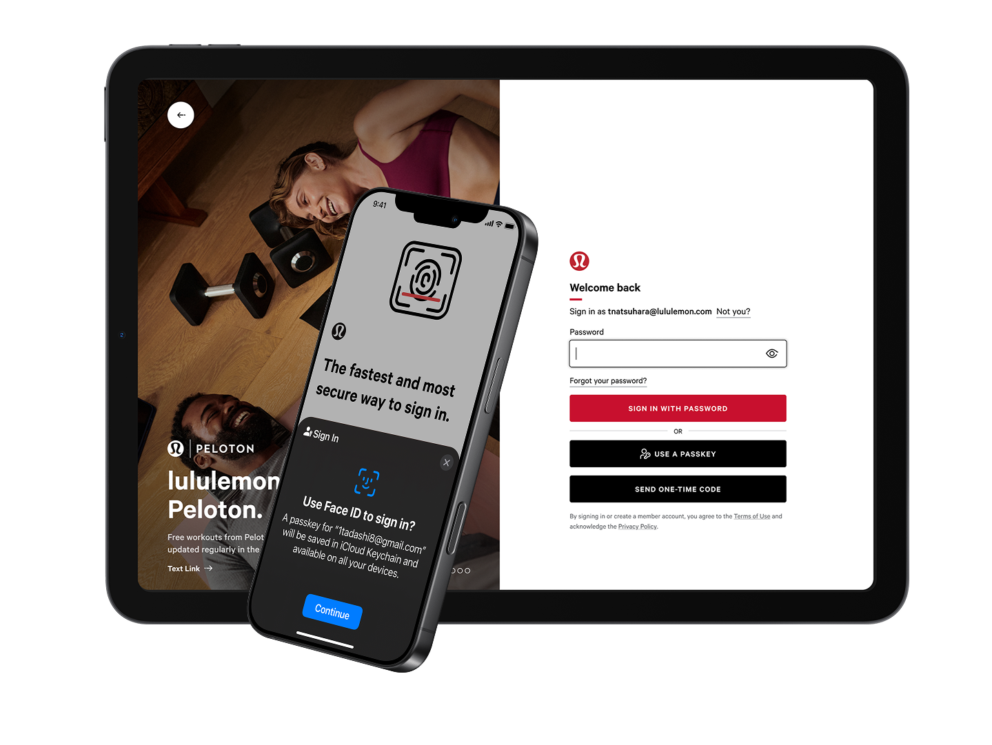 lululemon sign-in screen with a "Use a Passkey" option and Face ID prompt
