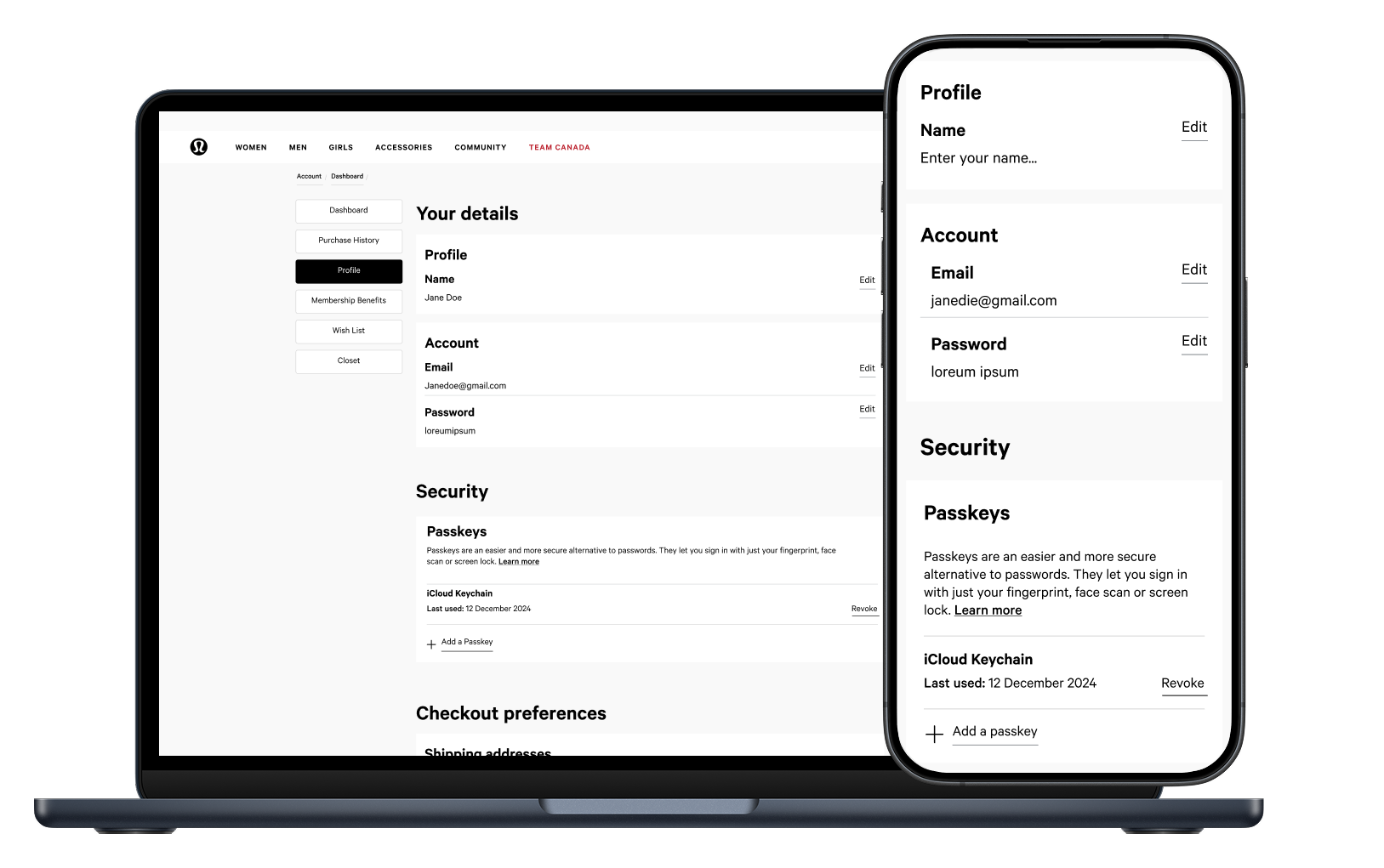 Account security settings on desktop and mobile showing the Passkeys section with Add a Passkey and Revoke controls