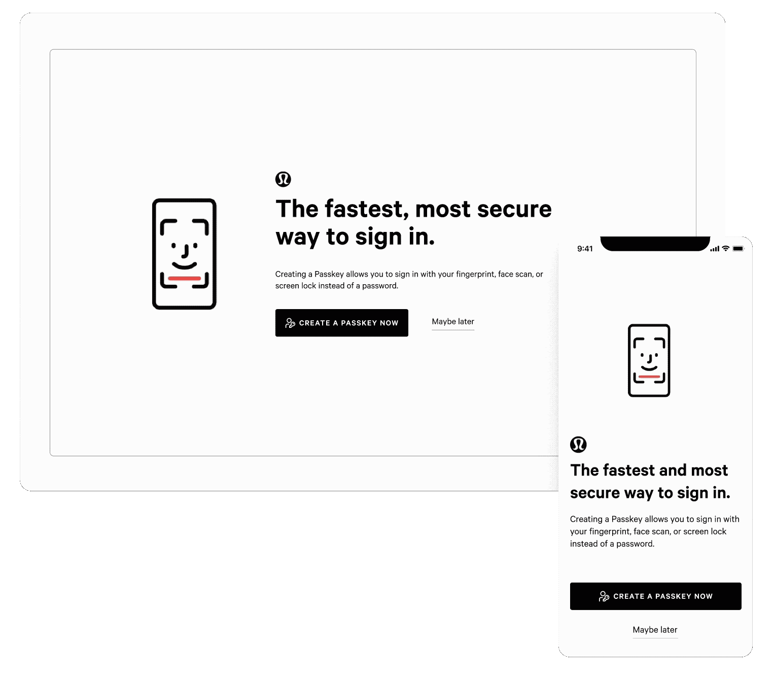 Passkey onboarding prompt on desktop and mobile, reading “The fastest, most secure way to sign in,” with Create a passkey now and Maybe later options