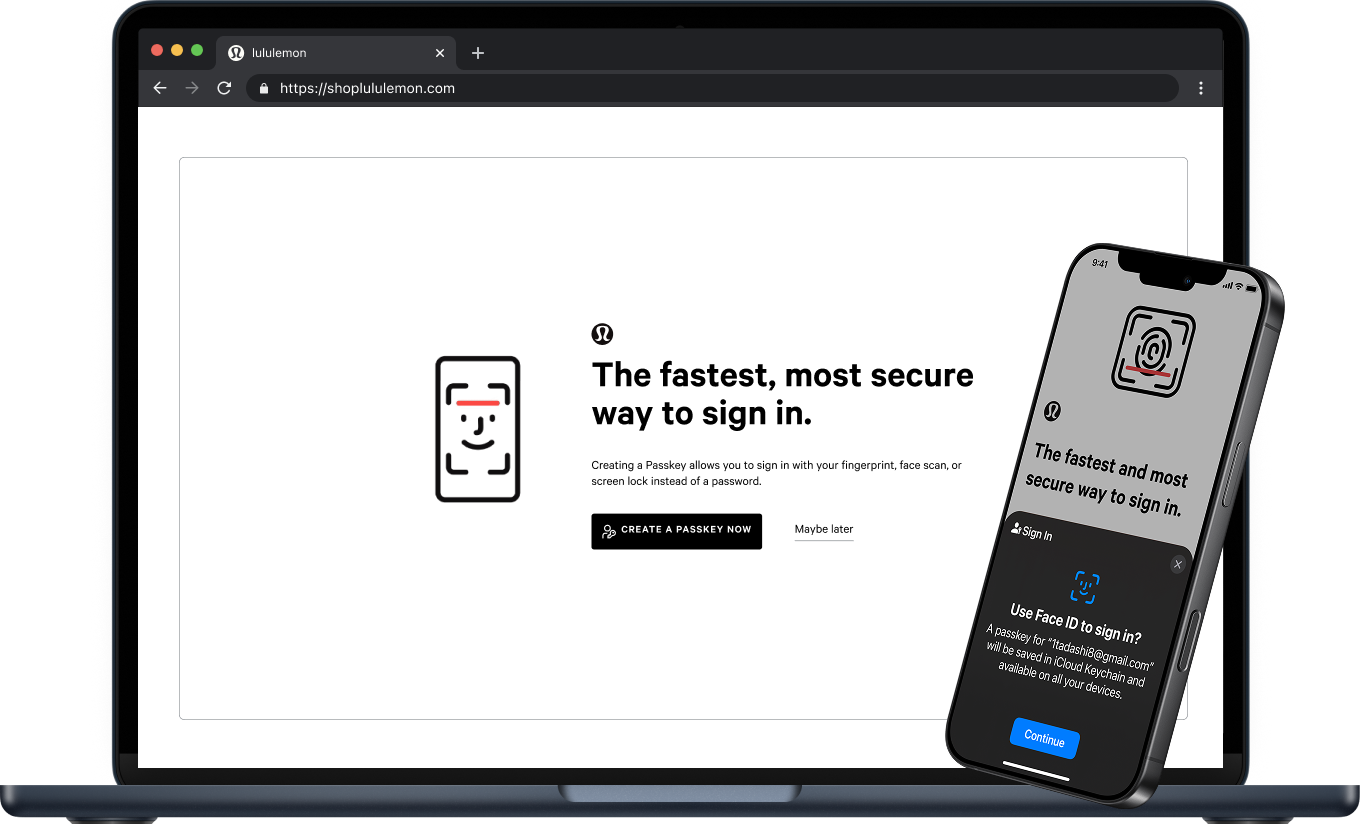 lululemon passkey sign-in flow shown on desktop and mobile