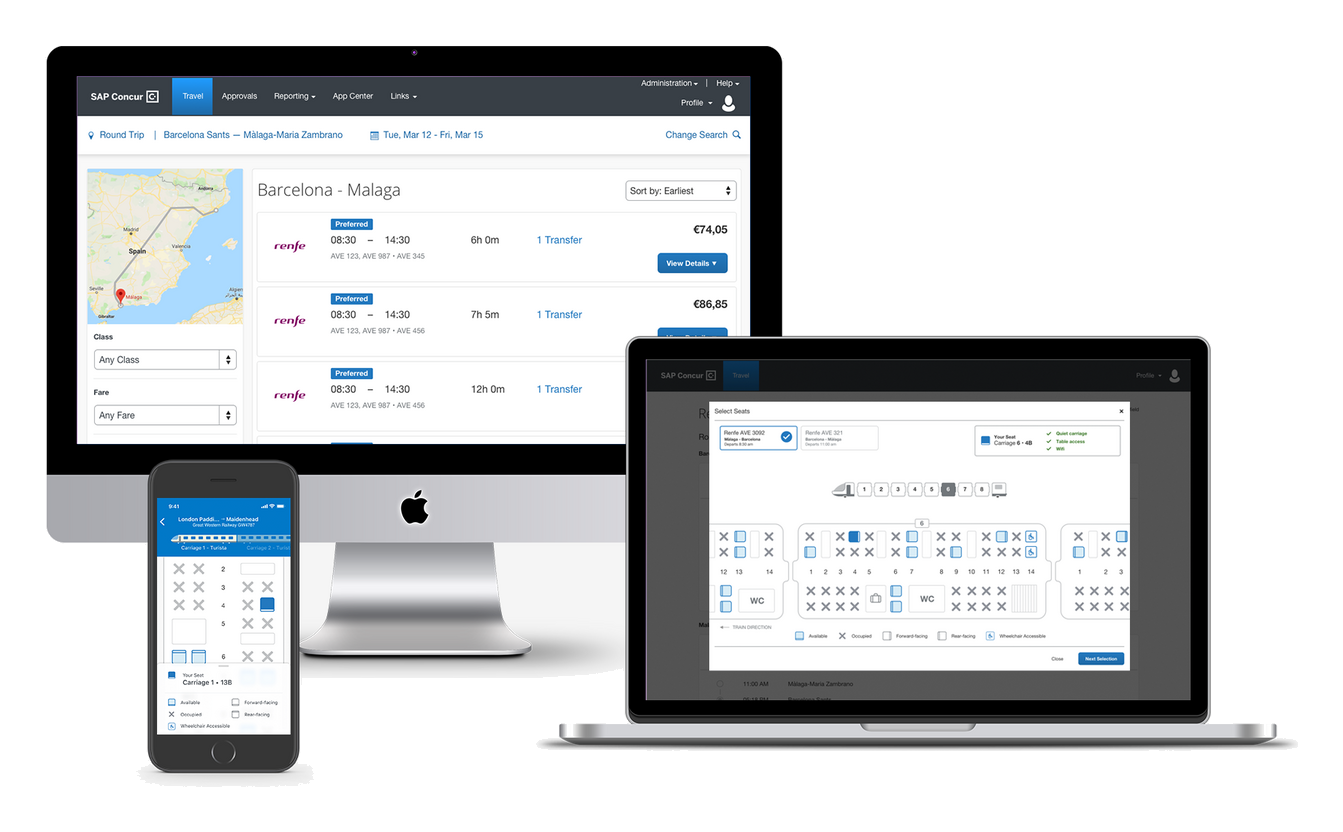 SAP Concur rail seat selection across desktop, tablet, and mobile