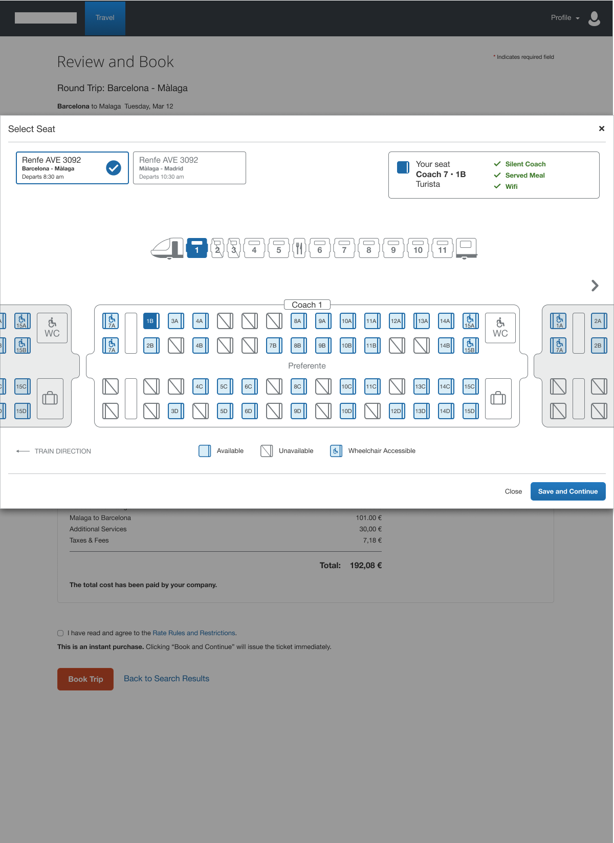 The shipped seat map showing coach layout, an available/unavailable/wheelchair legend, and the selected seat’s amenities