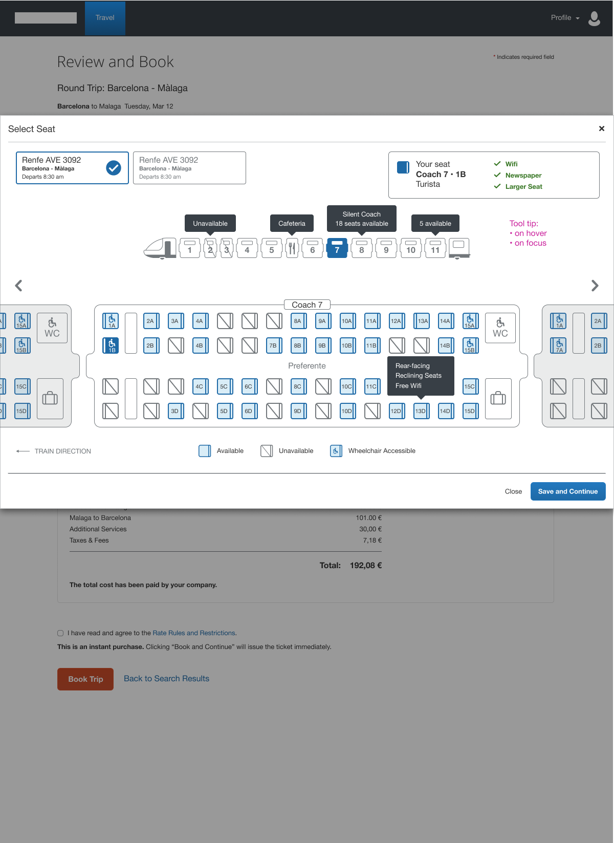 A seat tooltip revealing rear-facing, reclining, and free wifi attributes on hover or focus
